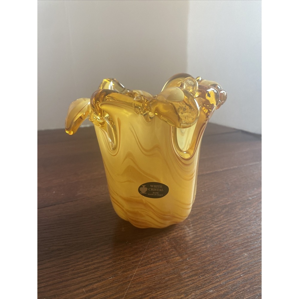 White Cristal Murano Art Glass Vase Amber Yellow Swirl Hand Made in Italy 5.5"